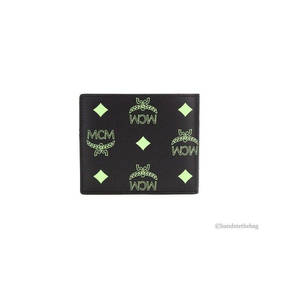 NEW MCM Small Black Green Smooth Visetos Monogram Logo Leather Bifold Wallet - Picture 8 of 8